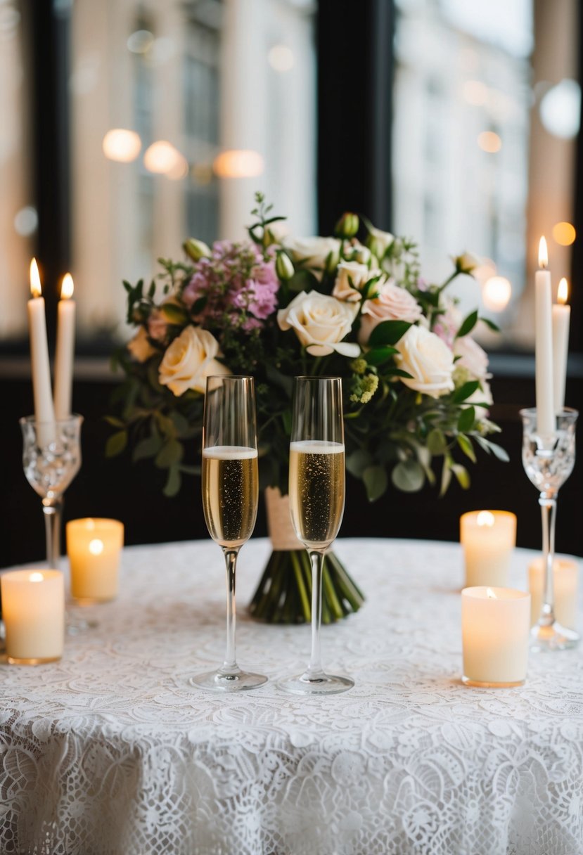 A table set with a white lace tablecloth, adorned with a bouquet of flowers and a pair of champagne glasses, surrounded by lit candles