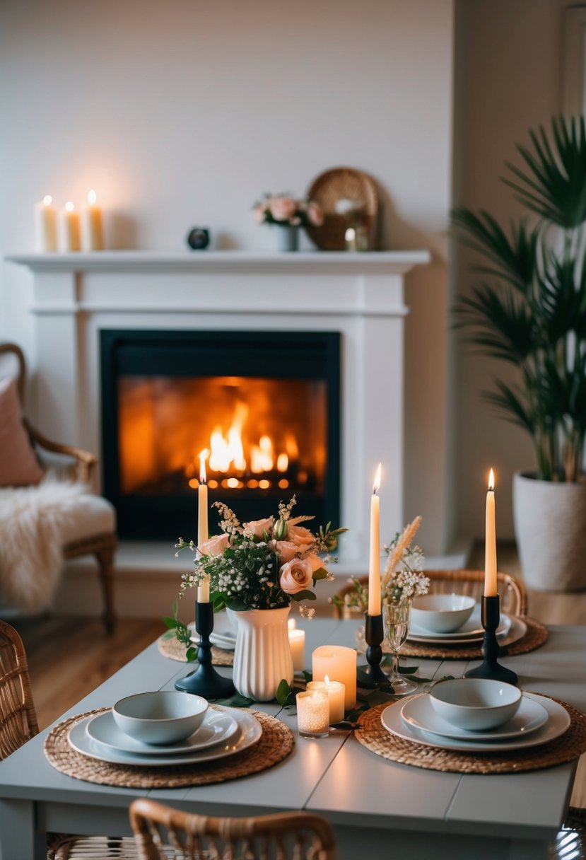 A cozy living room with a table set for two, adorned with candles and flowers. A fireplace crackles in the background as soft music plays