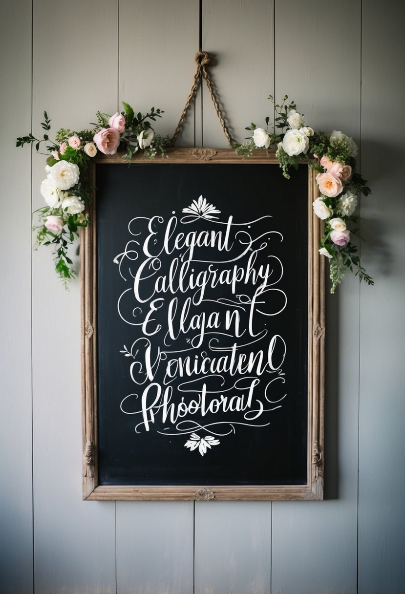 A rustic chalkboard with elegant calligraphy, adorned with floral accents and hanging from a vintage wooden frame