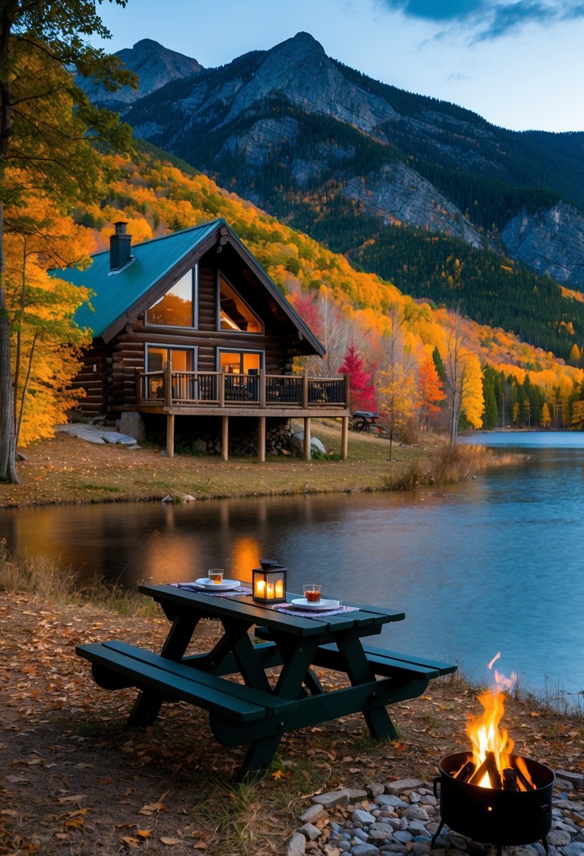 A cozy cabin nestled in the mountains, surrounded by colorful autumn foliage and a serene lake, with a picnic table set for two and a crackling fire pit