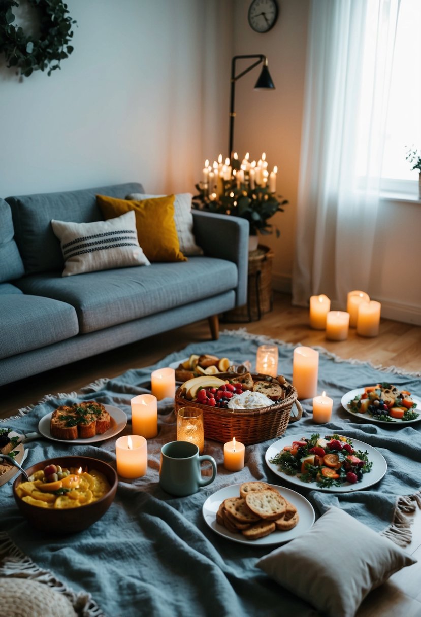 A cozy living room with a picnic blanket spread out on the floor, surrounded by flickering candles and a spread of delicious food and drinks