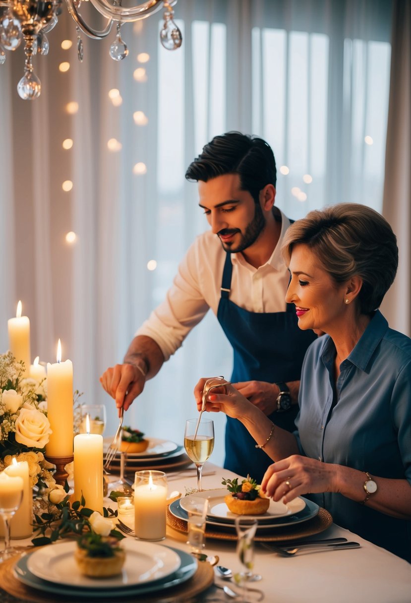 A couple preparing a romantic dinner together with candles and a beautifully set table to celebrate their 56th wedding anniversary