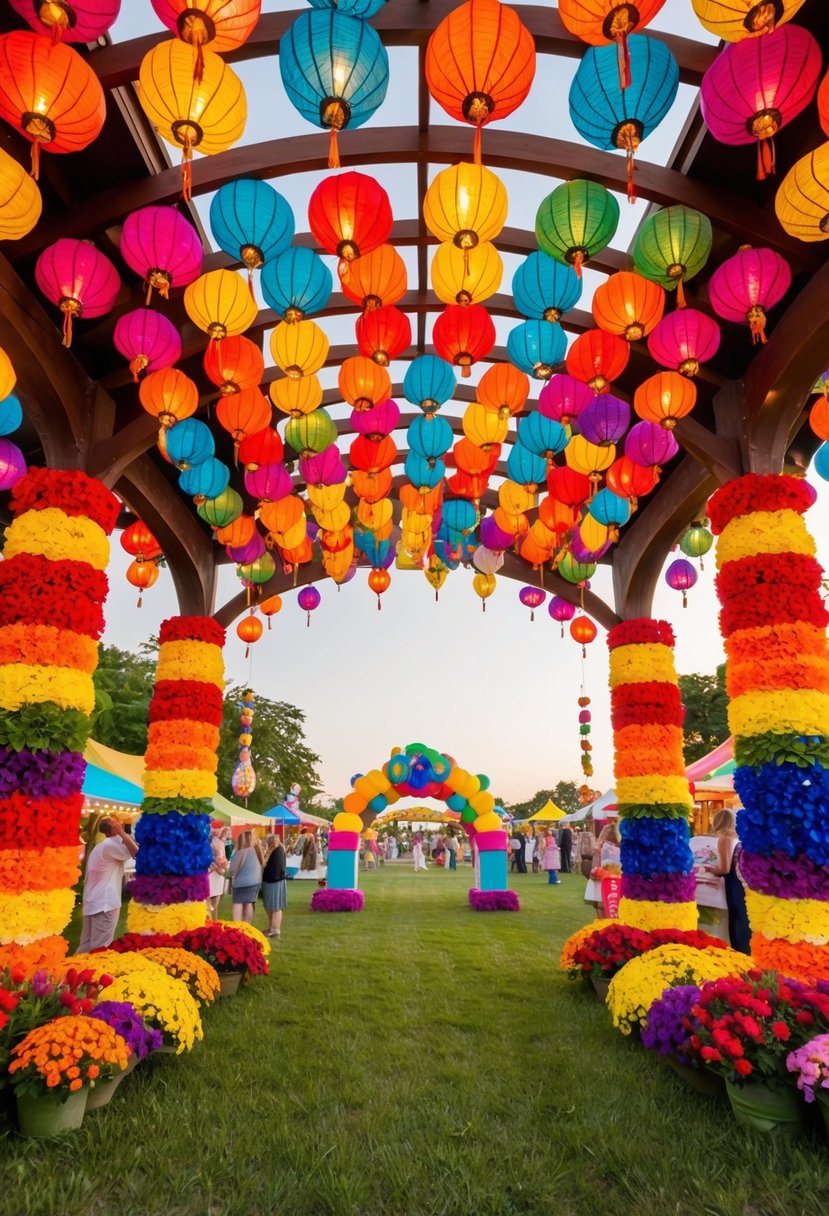 A colorful outdoor festival with vibrant flowers, hanging lanterns, and a whimsical archway