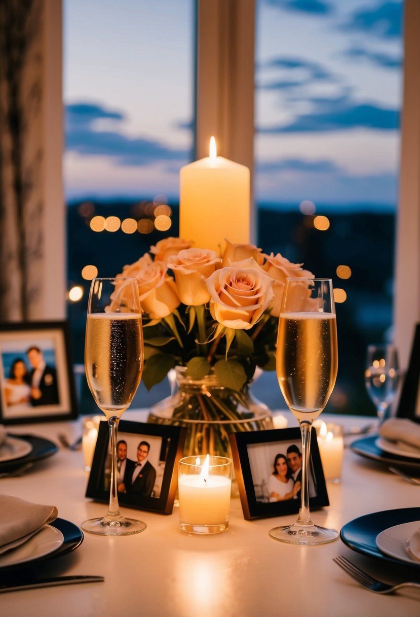 A cozy, candlelit dinner table with two champagne glasses and a bouquet of roses, surrounded by framed photos of the couple's life together