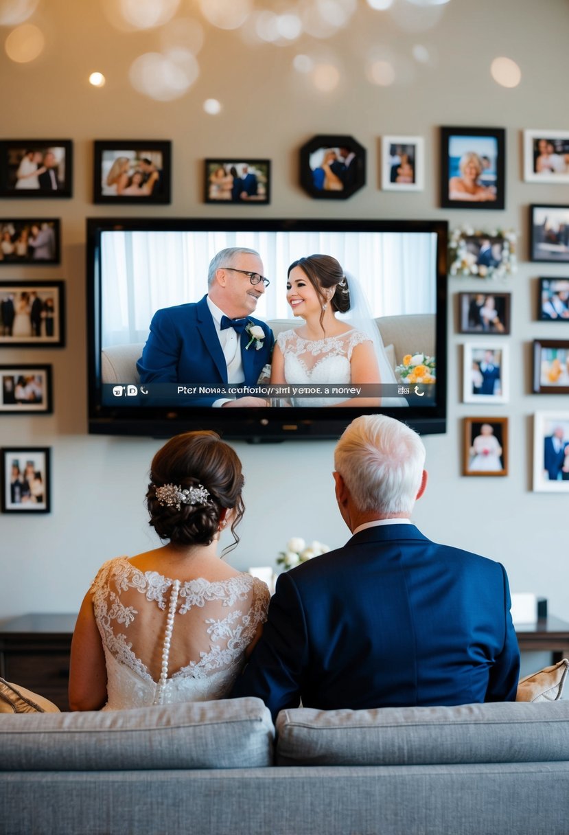 A couple sitting on a couch, watching their wedding video on a TV screen, surrounded by photos and memorabilia from their 56 years together