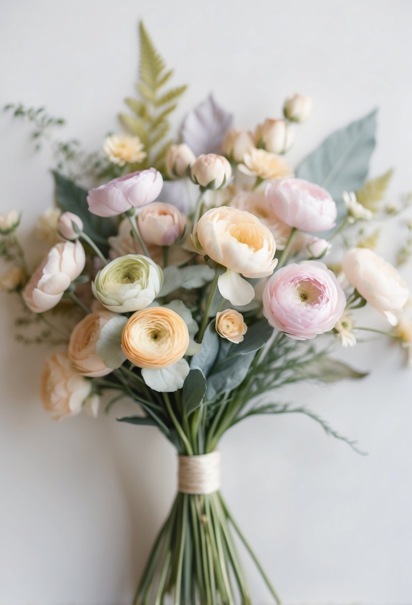 A delicate bouquet of watercolor flowers in soft pastel hues, arranged in a loose and flowing composition