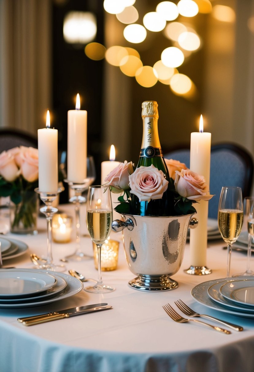 A dining table set with elegant tableware, adorned with flickering candles and a bouquet of roses. A bottle of champagne chilling in an ice bucket