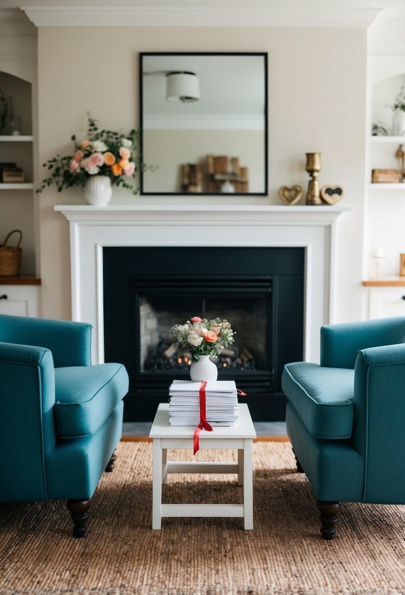 A cozy living room with a fireplace, two armchairs facing each other, a small table with a vase of flowers, and a stack of love letters tied with a ribbon