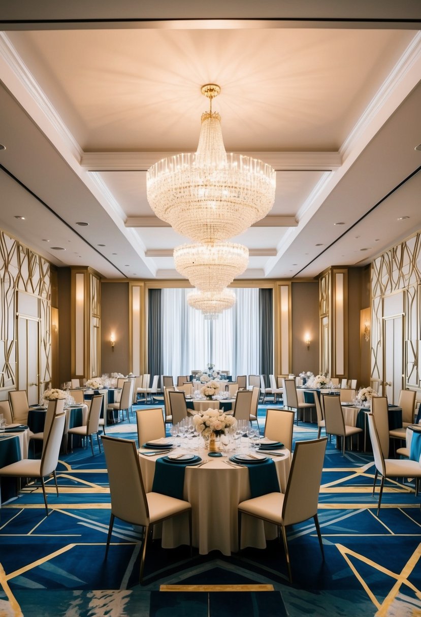 An elegant ballroom with geometric patterns, gold accents, and sleek, streamlined furniture. A chandelier hangs from the ceiling, casting a warm glow over the room