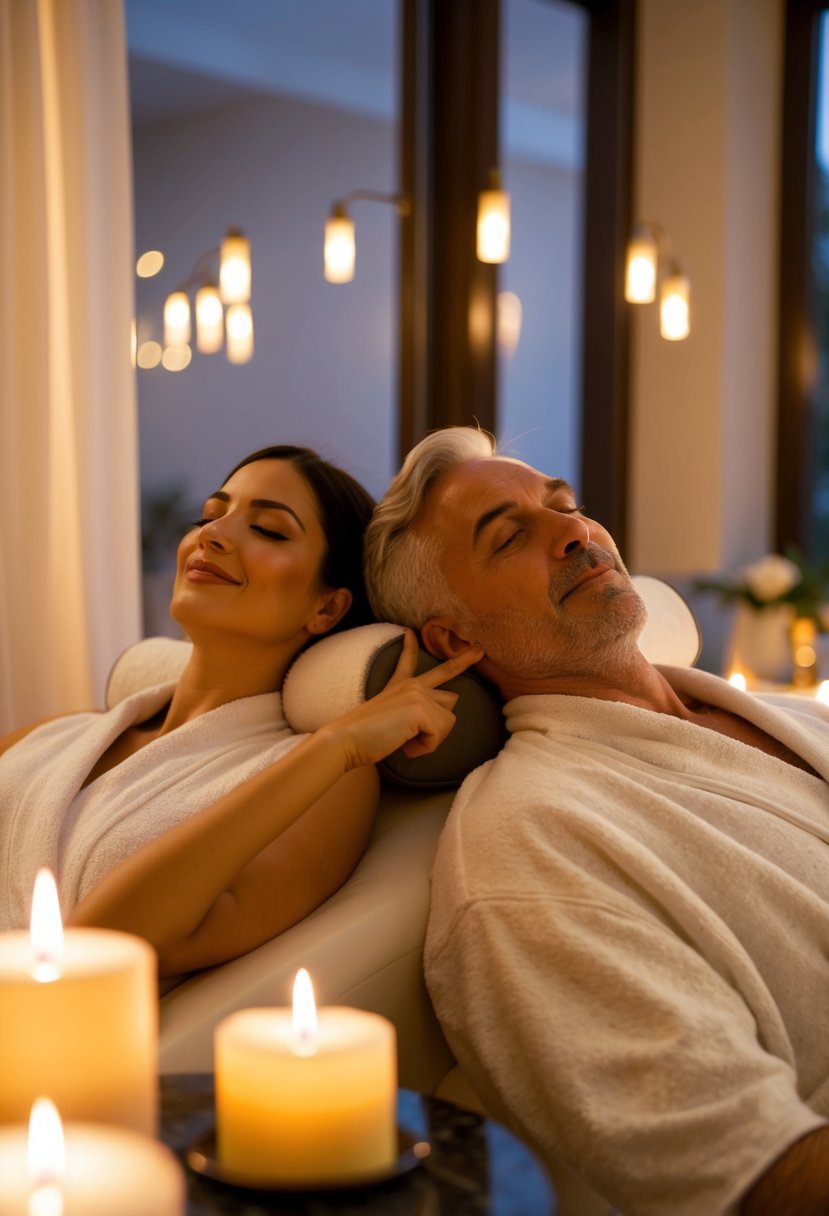 A couple relaxes in a warm, candlelit spa at home. Soft music plays as they enjoy massages and facial treatments together, celebrating their 56th anniversary