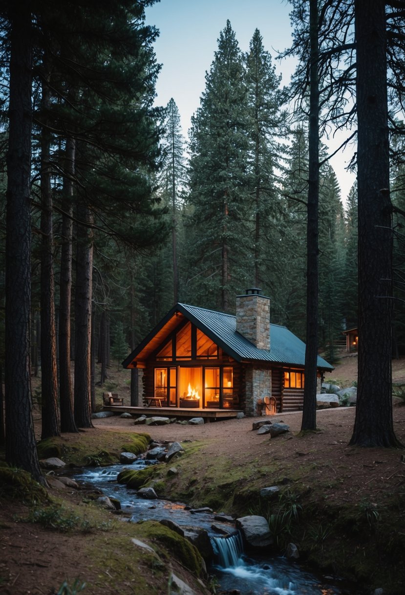 A cozy cabin nestled in the woods, surrounded by tall pine trees, with a warm fire burning inside and a small stream nearby