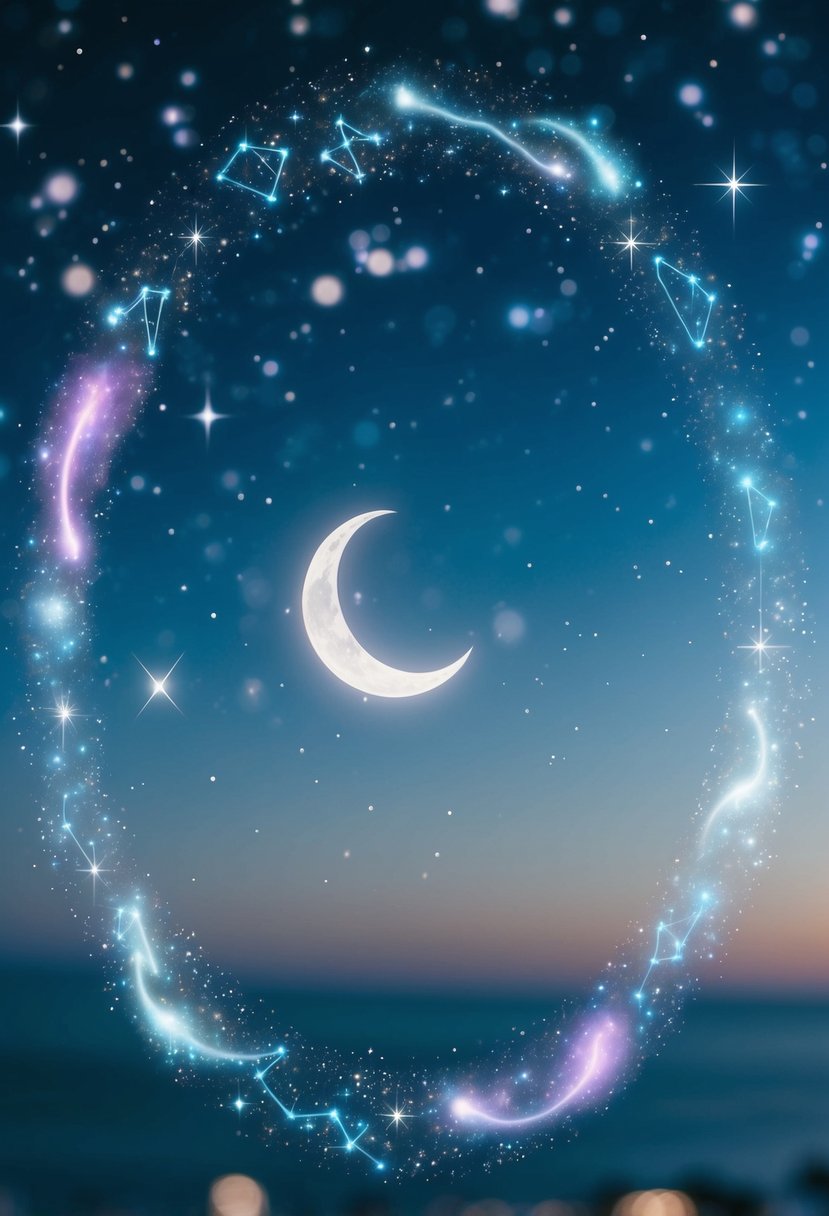 A serene night sky with a crescent moon, twinkling stars, and a celestial motif of galaxies and constellations