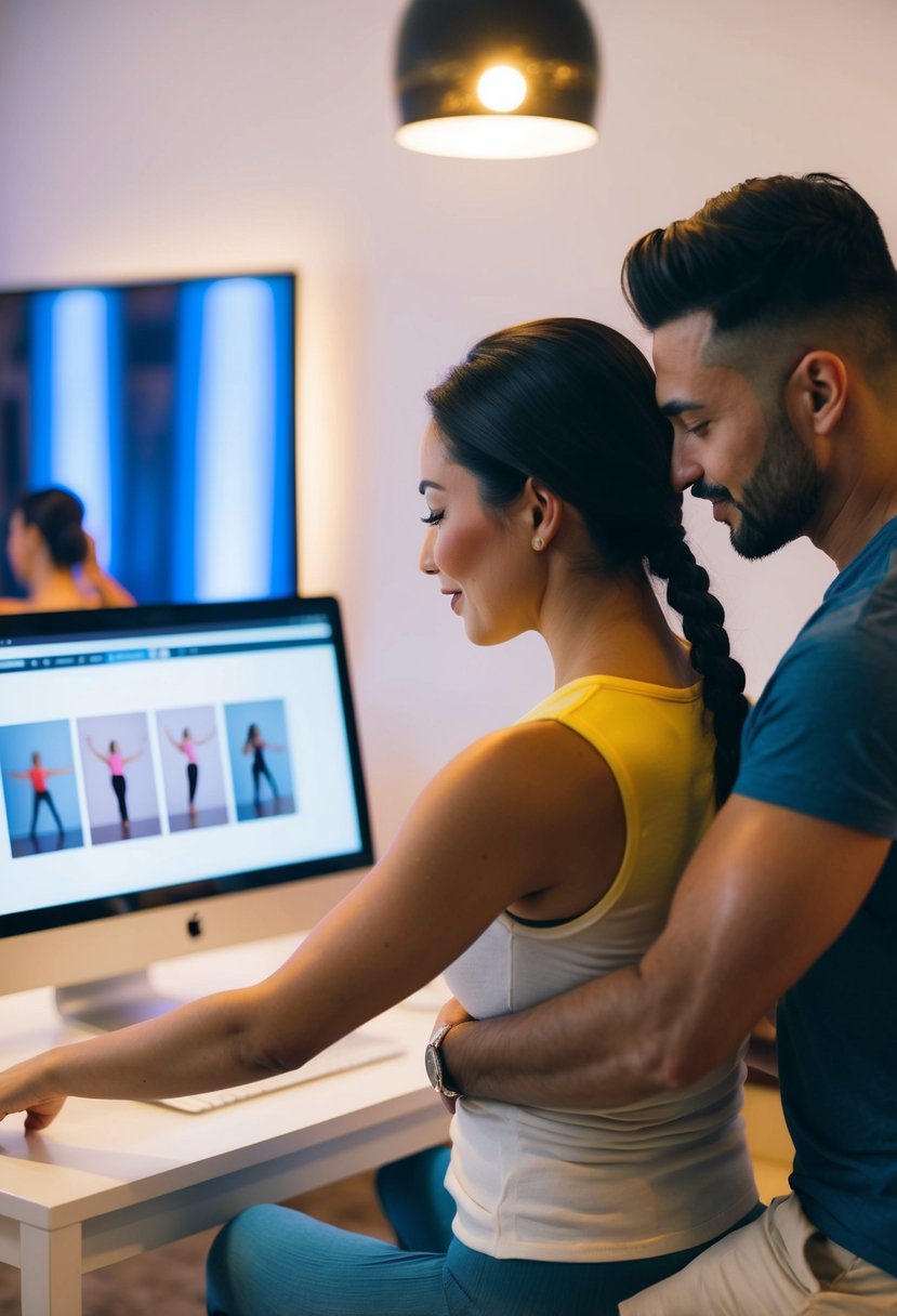 A couple dances together in their living room, following along with an online dance class on their computer screen