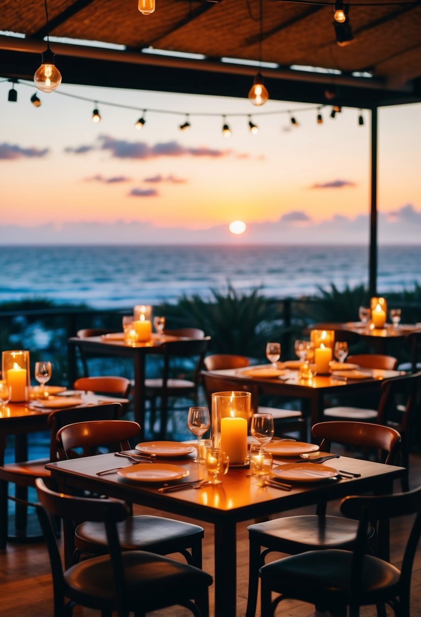 A cozy restaurant with candlelit tables, soft music, and a view of the sunset over the ocean