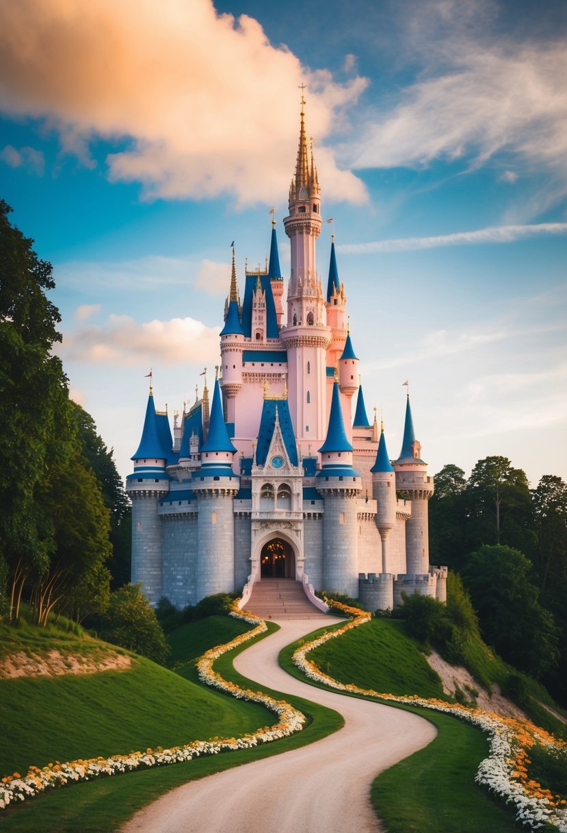 A majestic fairy-tale castle sits perched on a hill, surrounded by lush greenery and colorful flowers, with a winding path leading up to the grand entrance