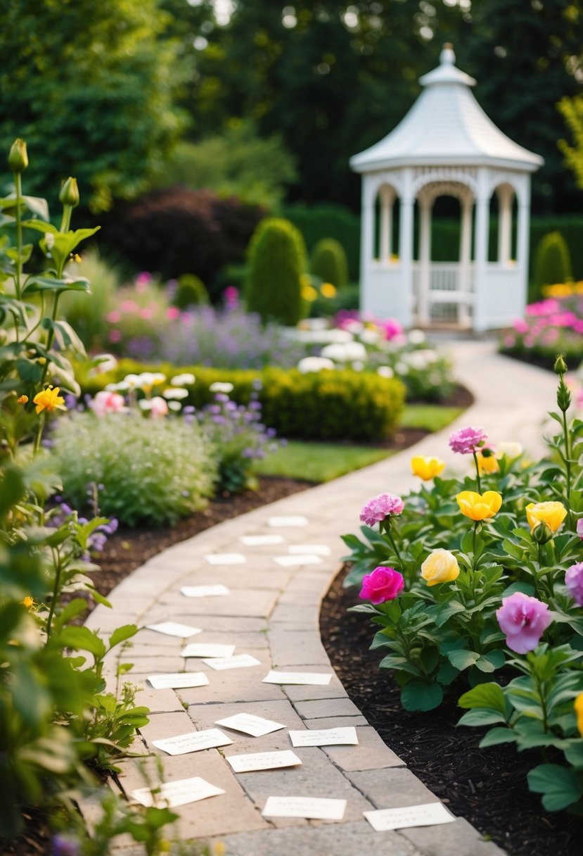 A garden with hidden love notes among blooming flowers, winding paths, and a picturesque gazebo for a 56th wedding anniversary scavenger hunt