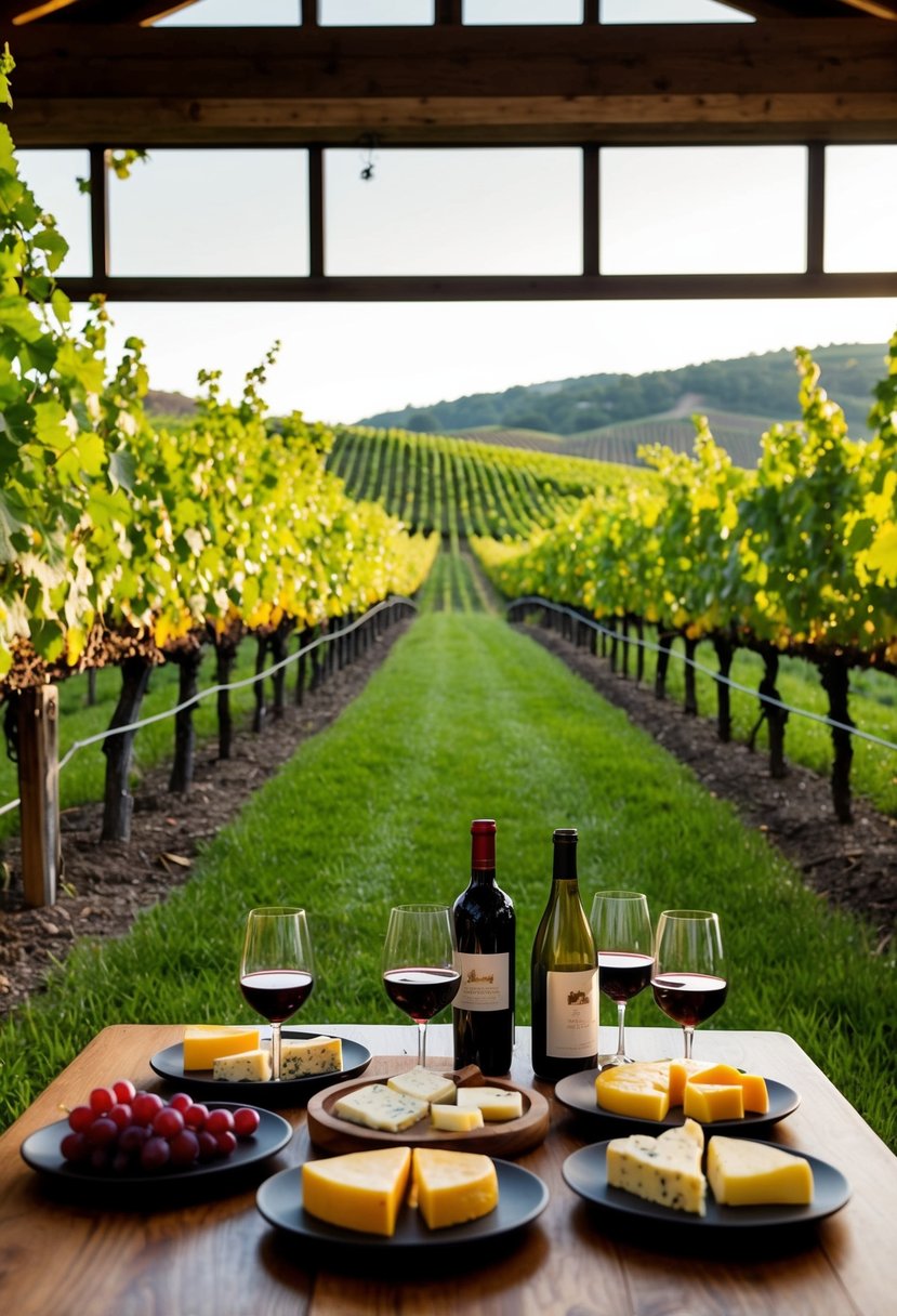 A vineyard with rolling hills, rows of grapevines, and a rustic tasting room surrounded by cheese platters and wine bottles