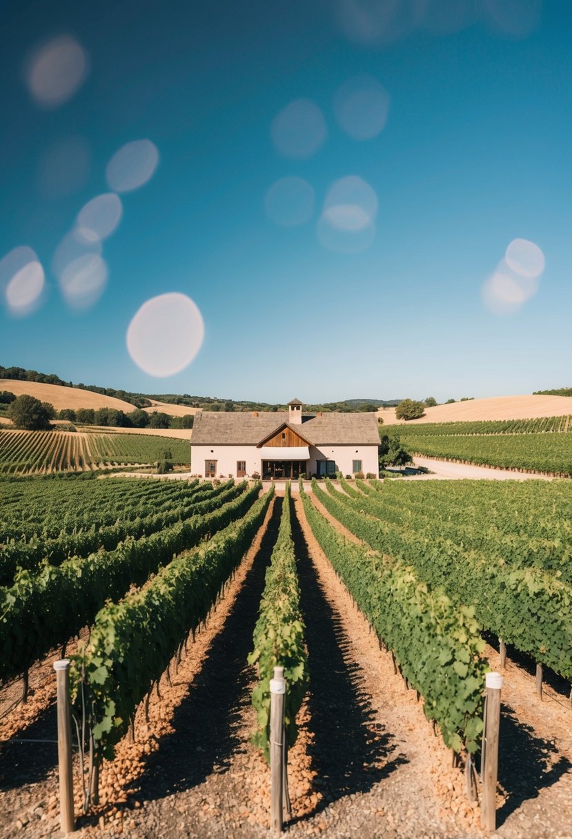 A sunny vineyard with rows of grapevines leading to a rustic winery building, surrounded by rolling hills and a clear blue sky