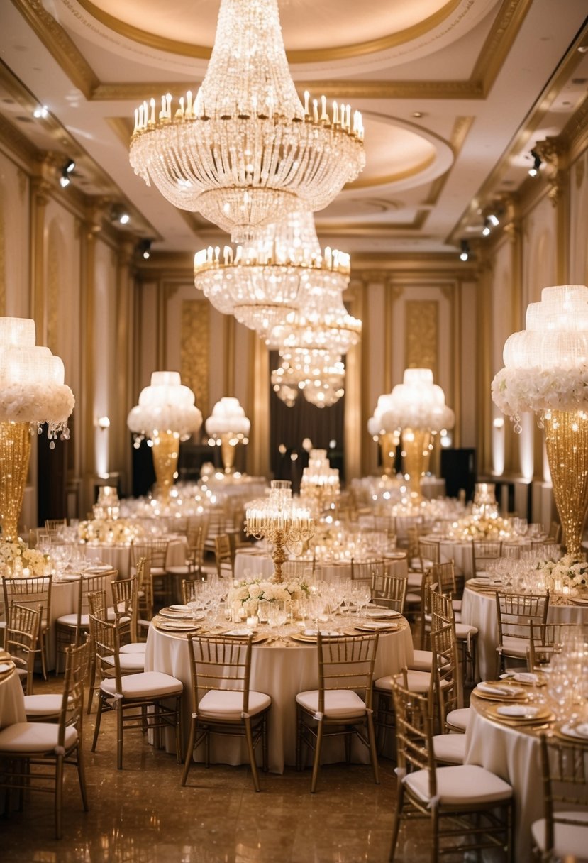 A lavish ballroom adorned with sparkling gold decor and glittering chandeliers