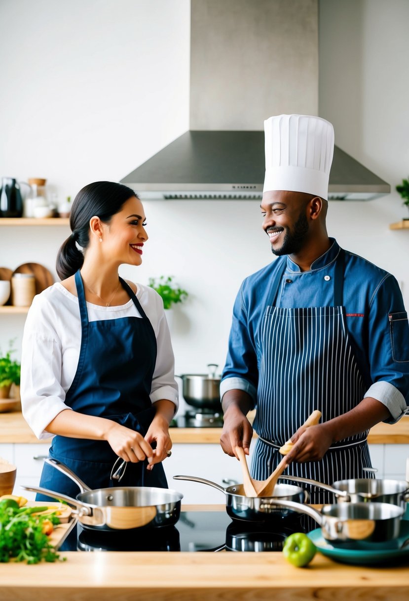 A couple stands side by side in a bright, spacious kitchen, surrounded by pots, pans, and fresh ingredients. A chef smiles as they guide the pair through a cooking lesson