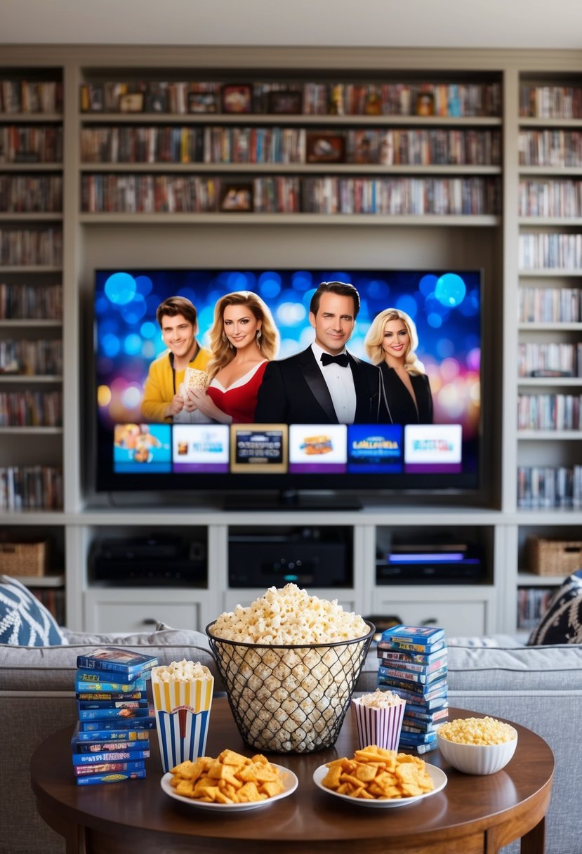 A cozy living room with a big screen TV, surrounded by shelves filled with classic movie DVDs and a table stacked with popcorn and snacks