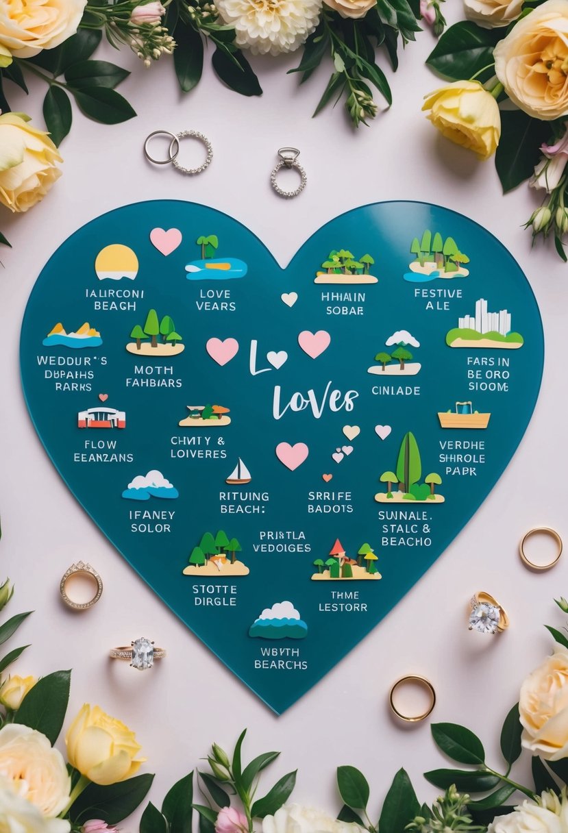 A heart-shaped map with various love locations like beaches, parks, and landmarks, surrounded by wedding-related elements like rings and flowers