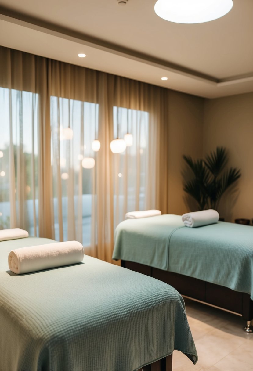 A serene spa with two massage tables, soft lighting, and a tranquil ambiance