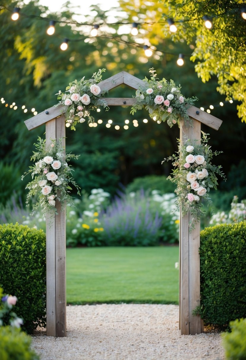 A serene garden with a rustic wooden arch adorned with flowers, surrounded by lush greenery and twinkling fairy lights