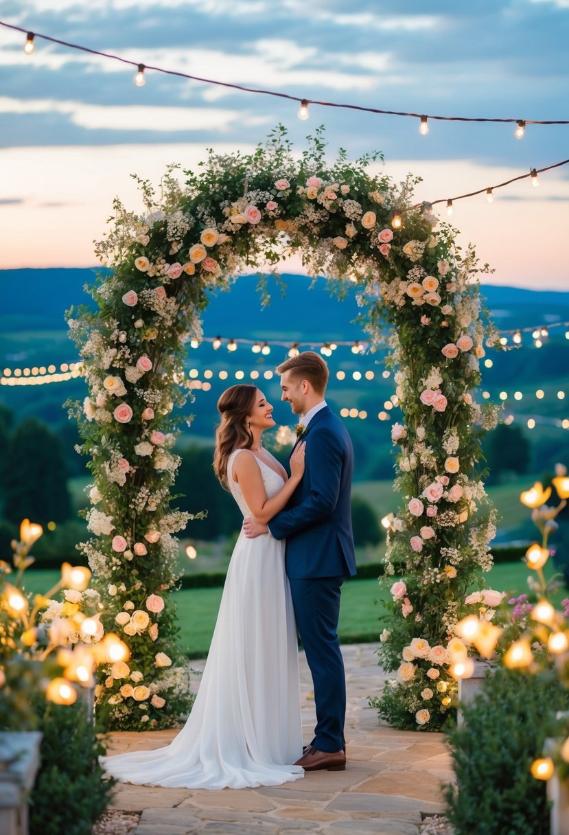 A couple standing under a flowering archway, surrounded by twinkling lights and a picturesque landscape