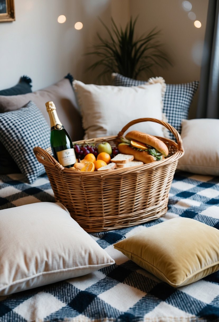 A cozy living room with a checkered blanket spread on the floor, surrounded by cushions and adorned with a wicker basket filled with fruits, sandwiches, and a bottle of champagne