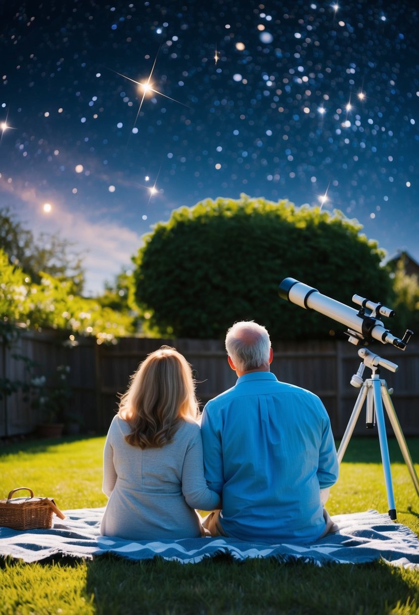 A couple sits on a blanket in their backyard, surrounded by twinkling stars and a telescope. They gaze up at the night sky, celebrating their 56th wedding anniversary