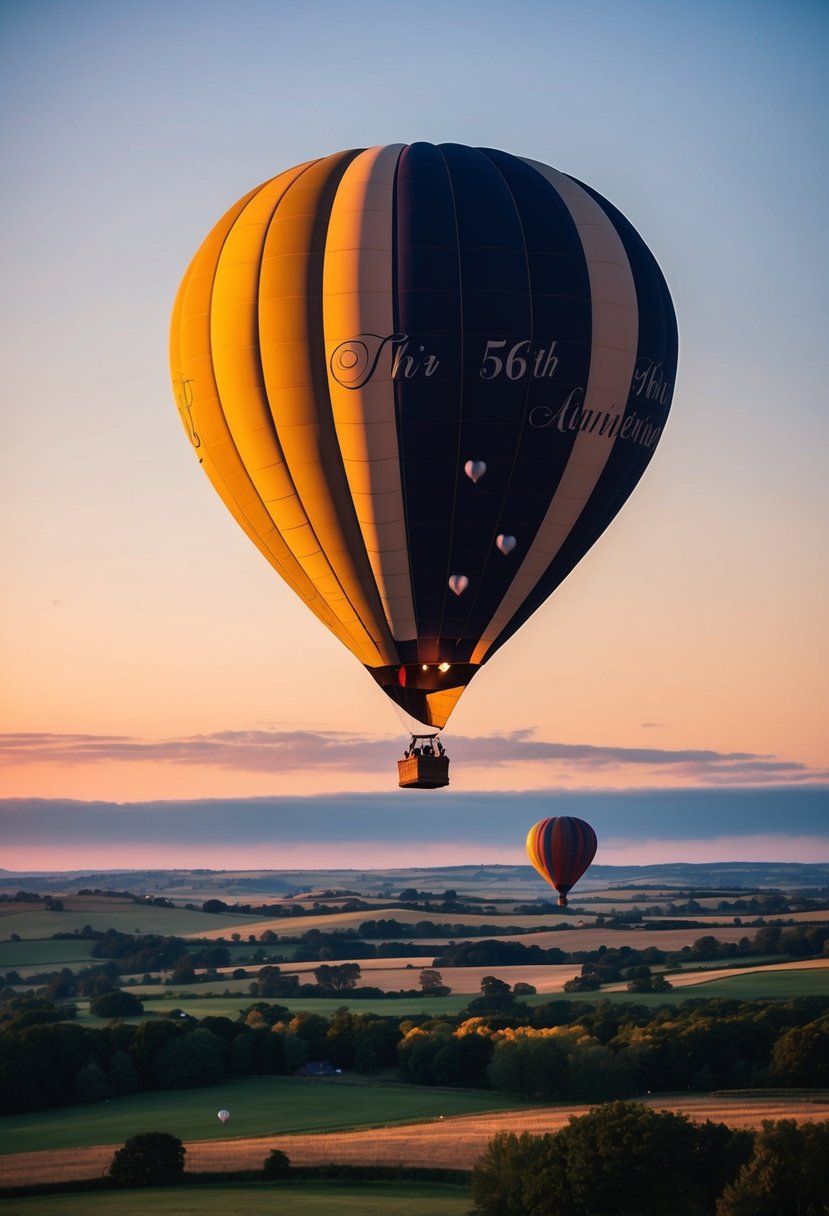 A hot air balloon floats above a picturesque landscape at sunset, with a couple inside celebrating their 56th wedding anniversary