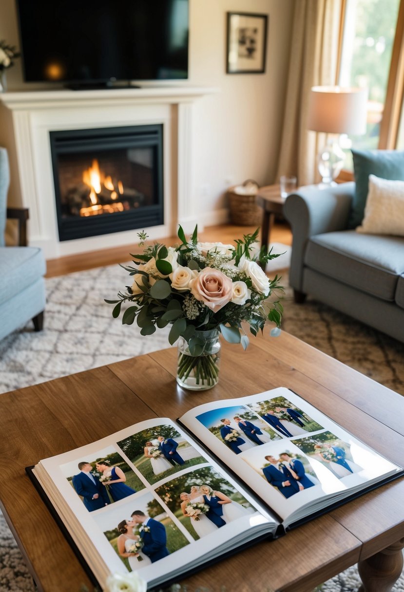 A cozy living room with a fireplace, a table set for two with a bouquet of flowers, and a photo album open to a page of wedding pictures