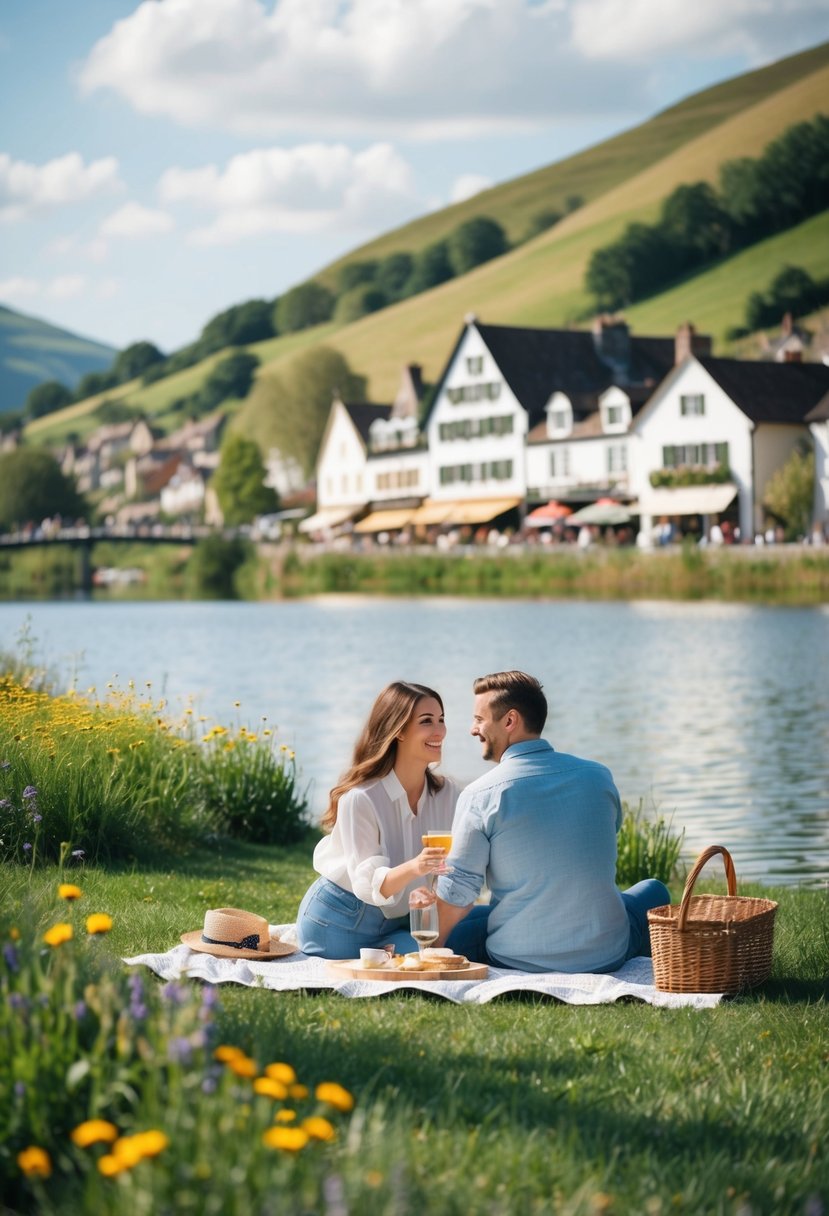 A couple enjoys a scenic picnic by a tranquil lake, surrounded by rolling hills and blooming wildflowers. A quaint town in the distance beckons with charming shops and cafes