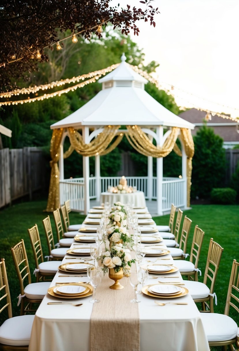 A backyard adorned with golden decorations, a white gazebo, and a long dining table set with elegant tableware for a 54th wedding anniversary celebration