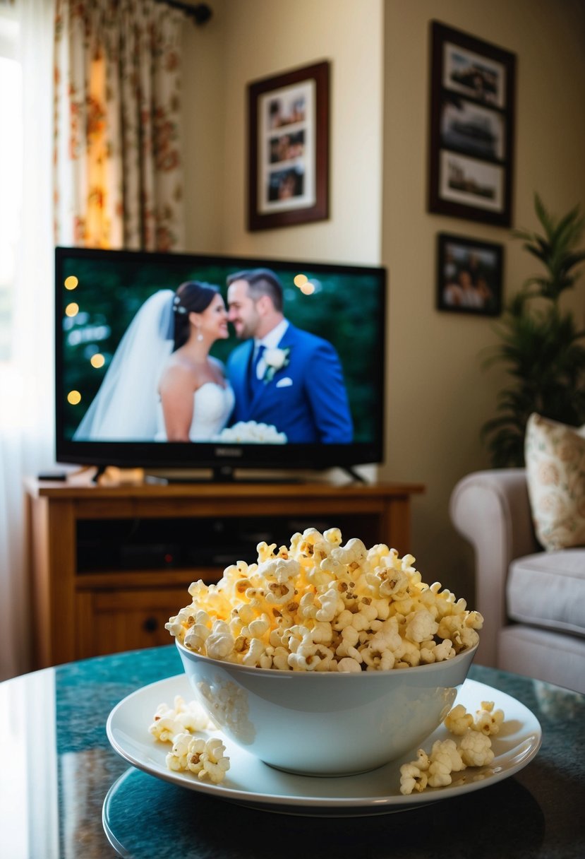 A bowl of popcorn sits on a table beside a TV playing a wedding video. A cozy living room is decorated with anniversary memorabilia