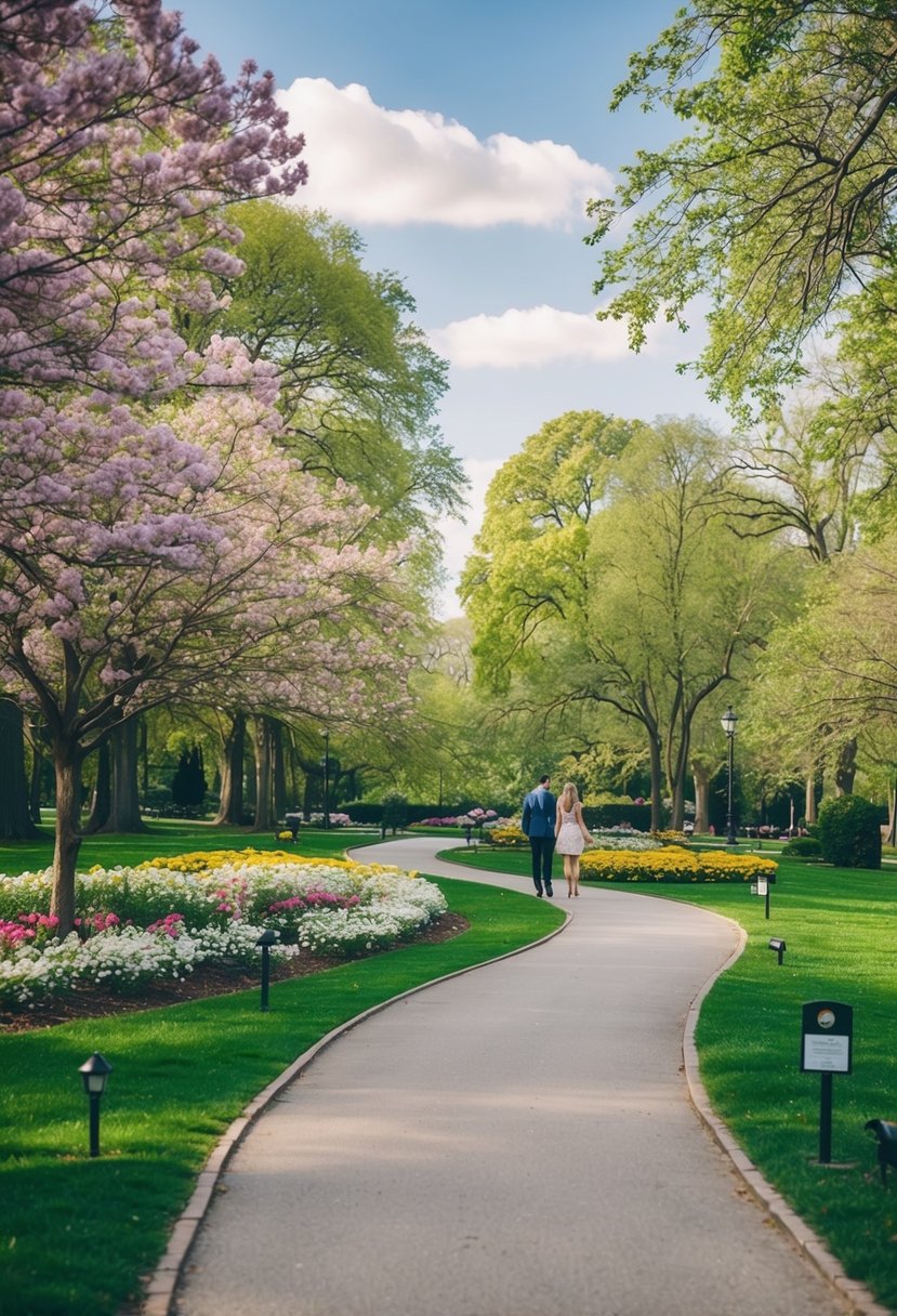 A scenic park with blooming flowers, winding paths, and hidden clues for a couples scavenger hunt