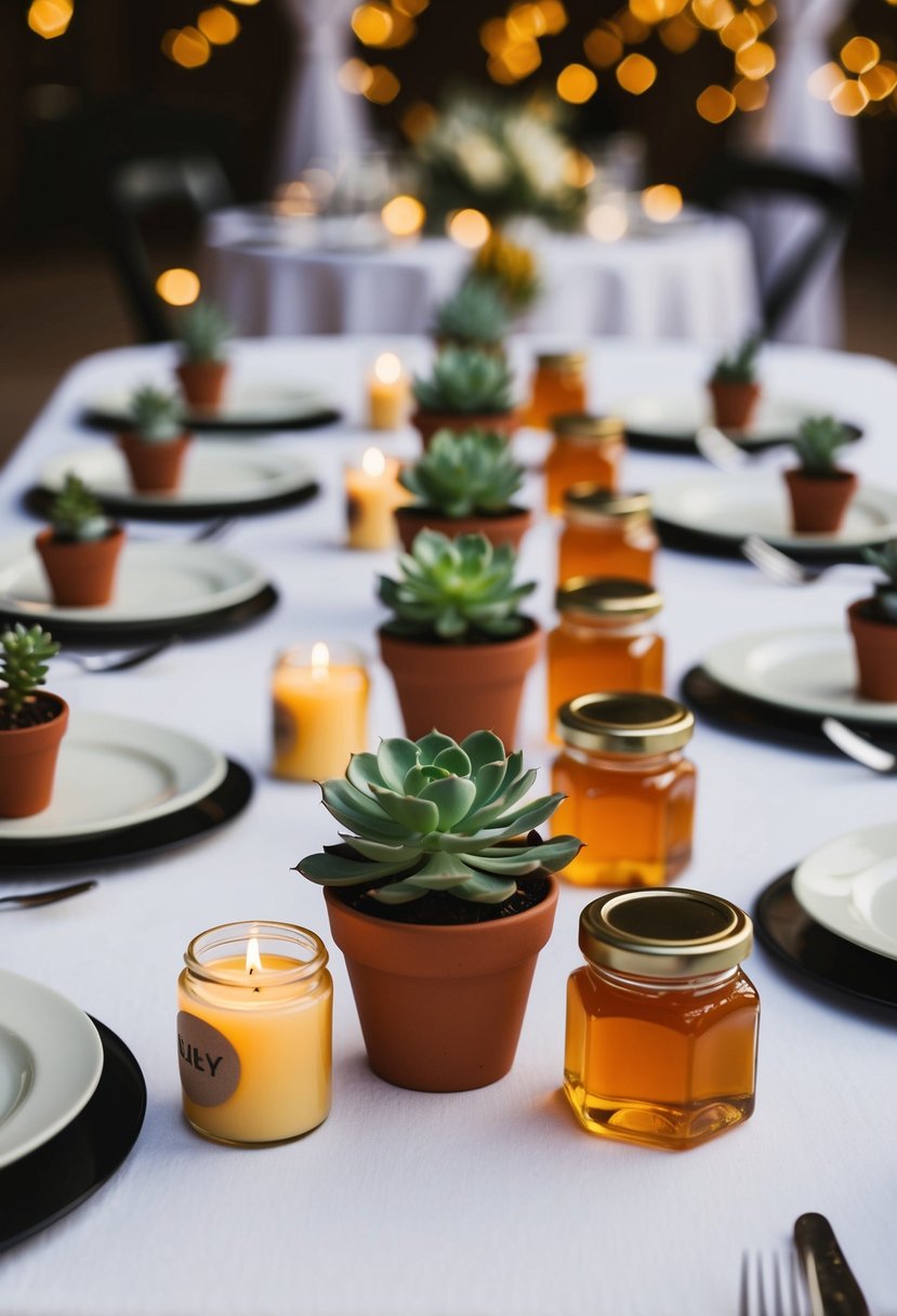 A table adorned with assorted wedding favor ideas: small potted succulents, personalized candles, and mini jars of honey