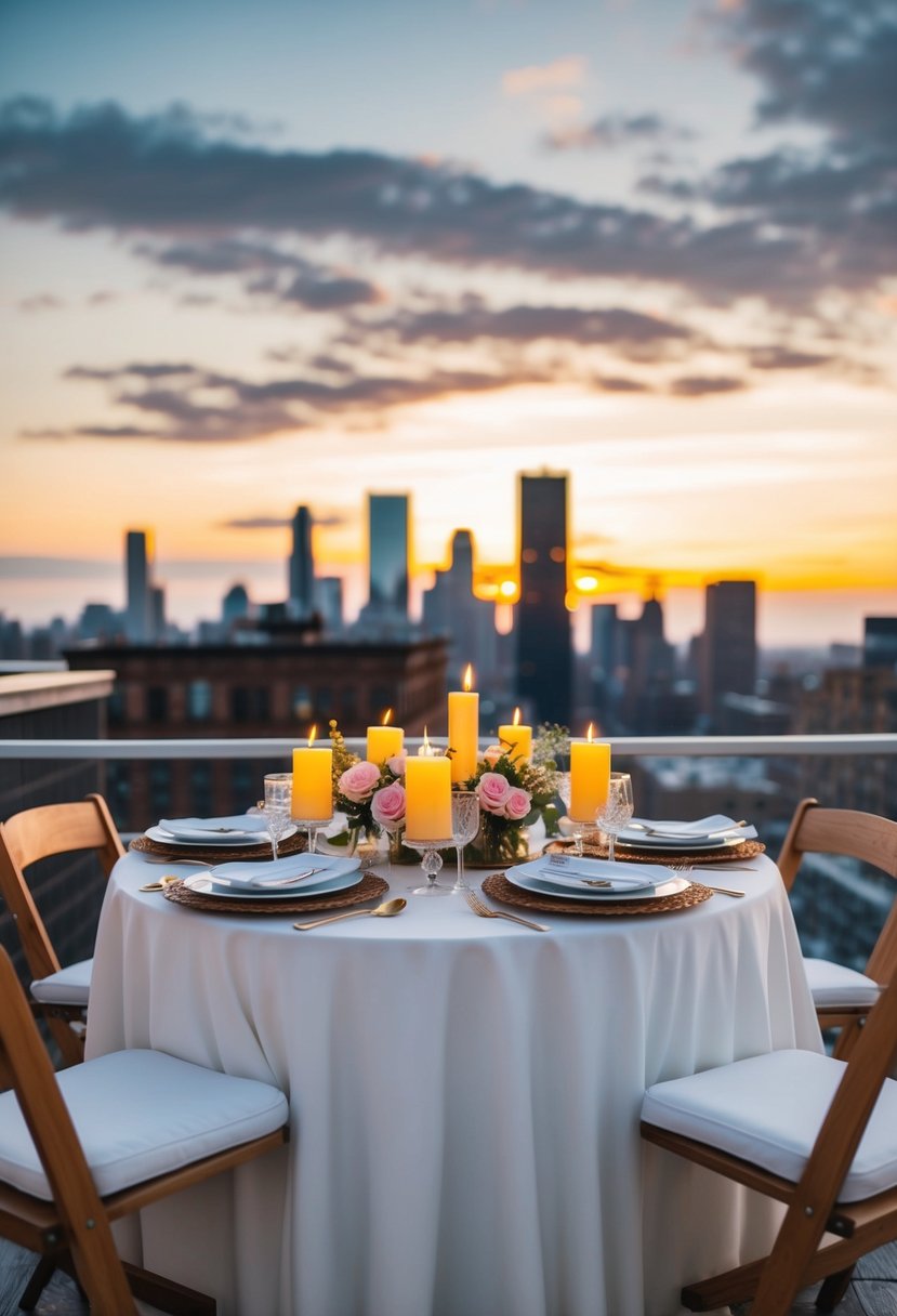 A table set with candles and flowers on a rooftop at sunset, overlooking a city skyline