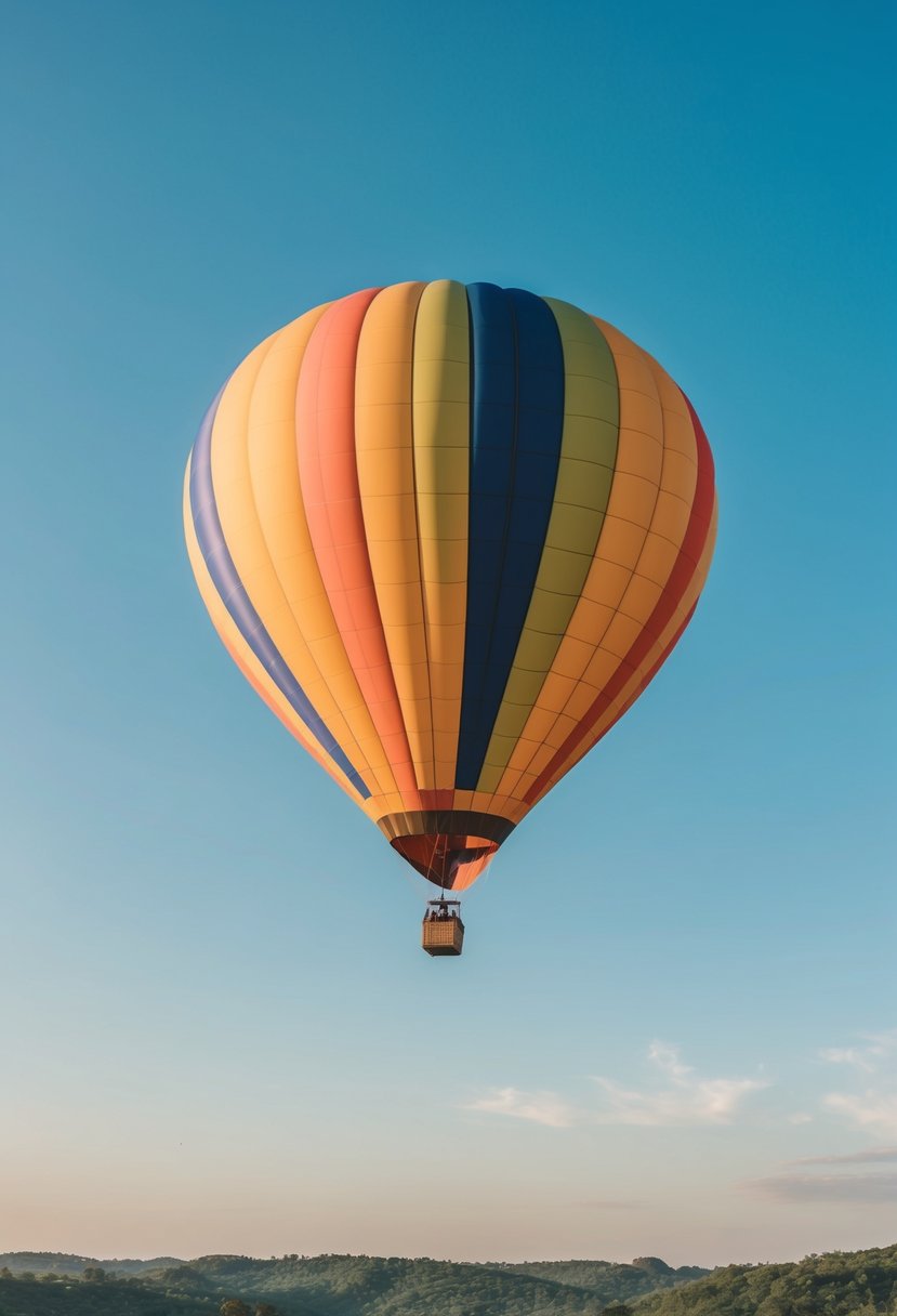 A colorful hot air balloon floats peacefully above a serene landscape, with a clear blue sky and lush greenery below