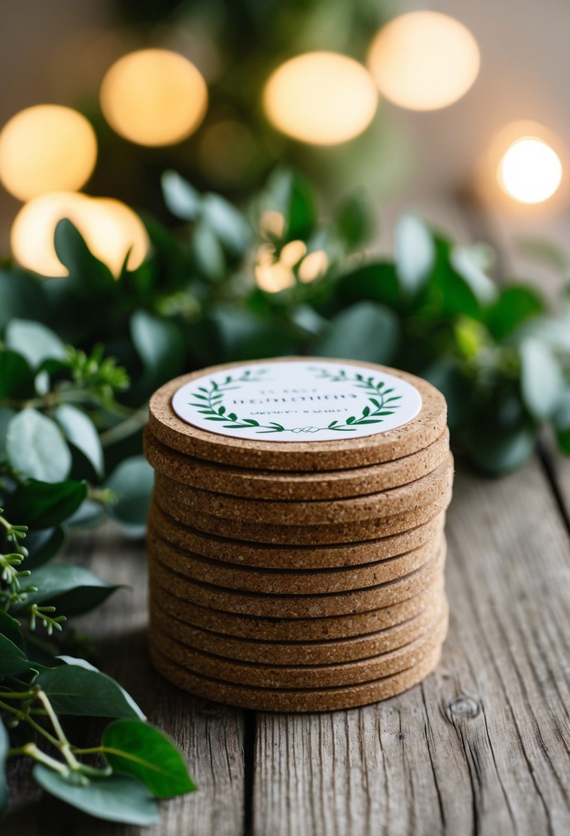 A stack of personalized cork coasters with wedding-themed designs arranged on a rustic wooden table, surrounded by greenery and soft lighting