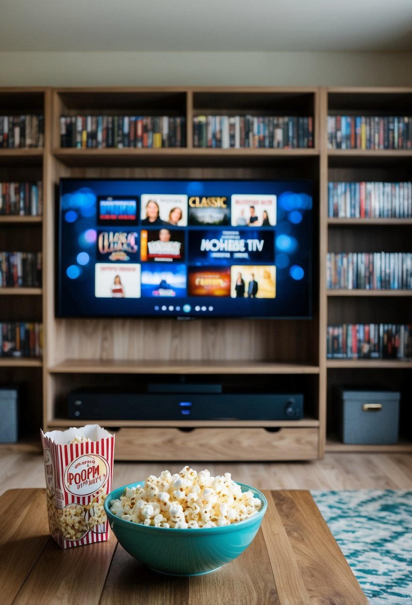 A cozy living room with a big screen TV, surrounded by shelves of classic movie DVDs and a bowl of popcorn on the coffee table