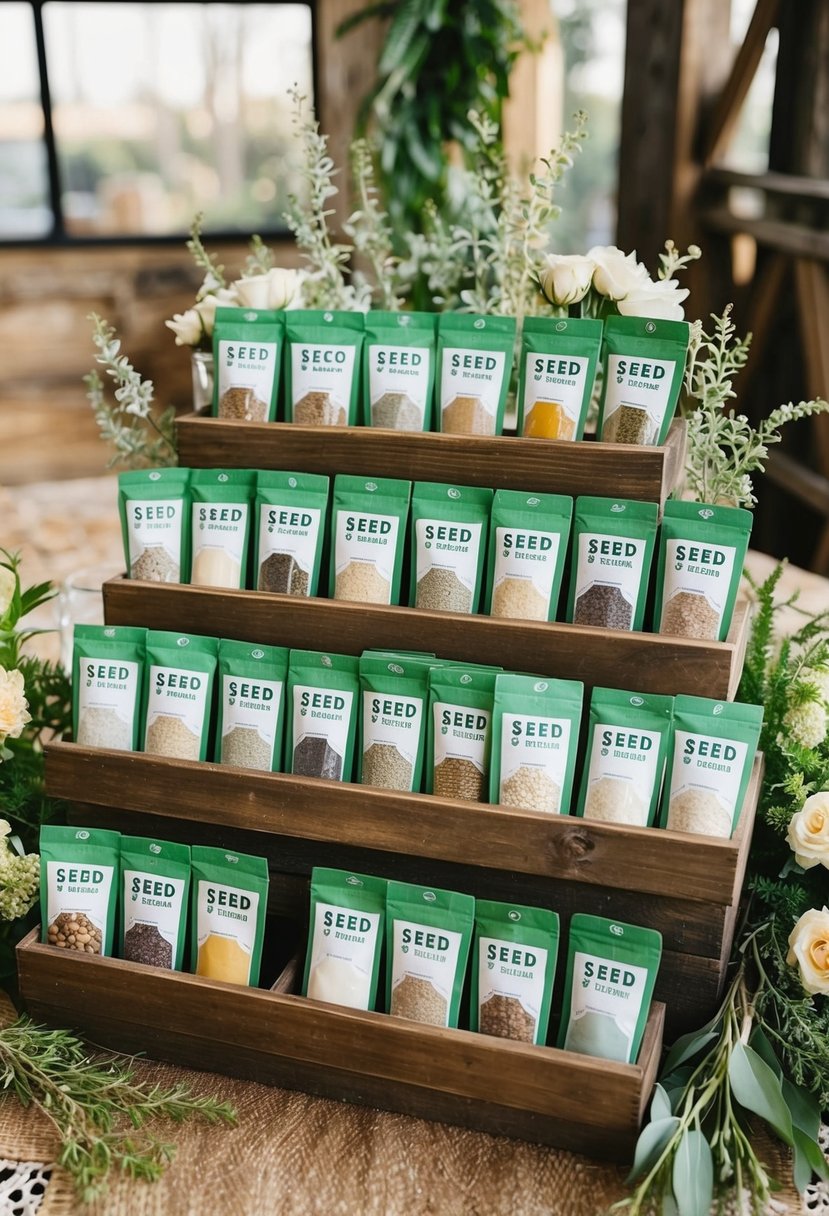 A table adorned with eco-friendly seed packets arranged in a rustic display, surrounded by natural elements like flowers and greenery