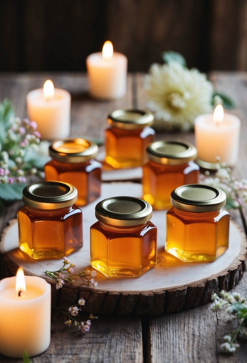 Miniature honey jars arranged on a rustic wooden table, surrounded by delicate floral decorations and soft candlelight