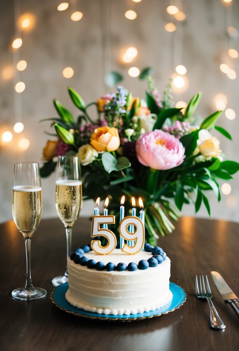 A table set with a bouquet of flowers, two champagne glasses, and a cake with "59" candles