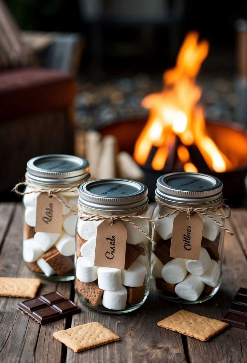 A rustic table with jars of marshmallows, graham crackers, and chocolate. Twine and personalized tags adorn the jars. A cozy campfire burns in the background