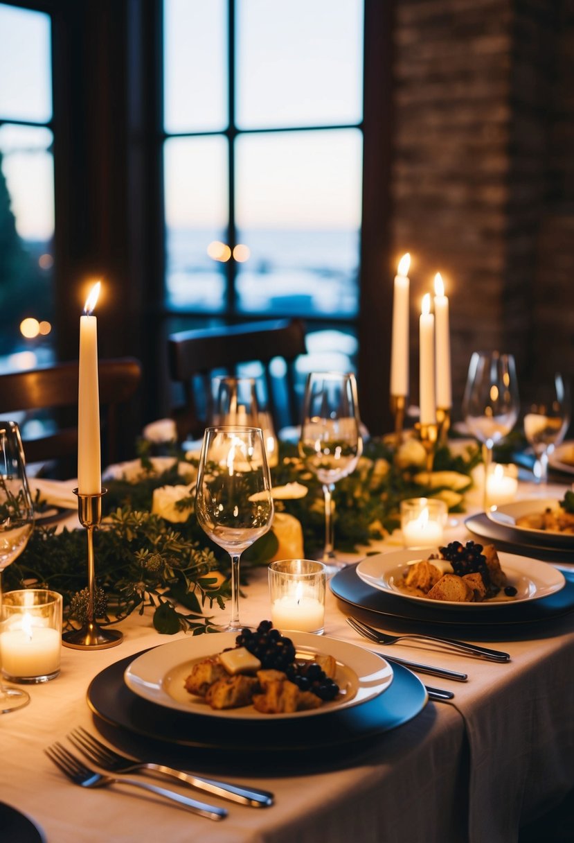 A cozy dining table set with candlelight, elegant dinnerware, and a spread of delicious dishes