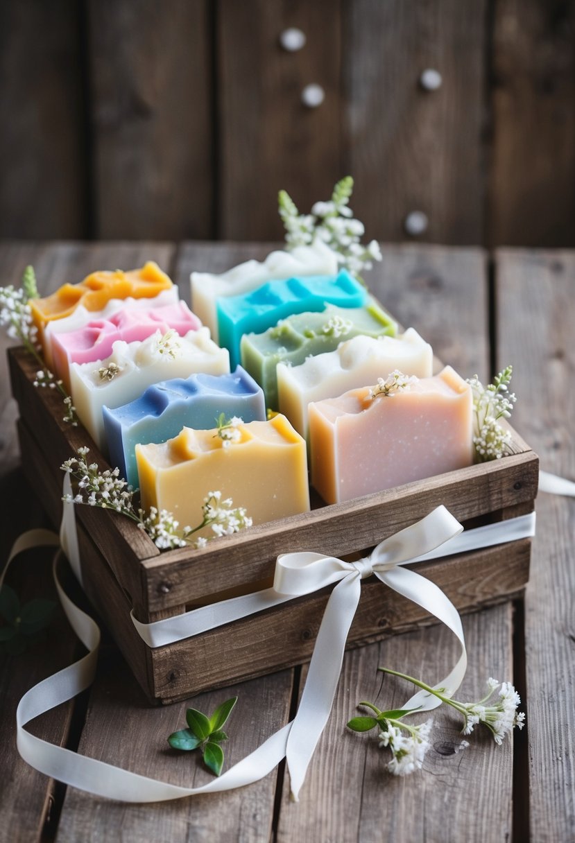 Colorful handmade soap bars arranged in a rustic wooden crate, adorned with delicate ribbons and floral accents