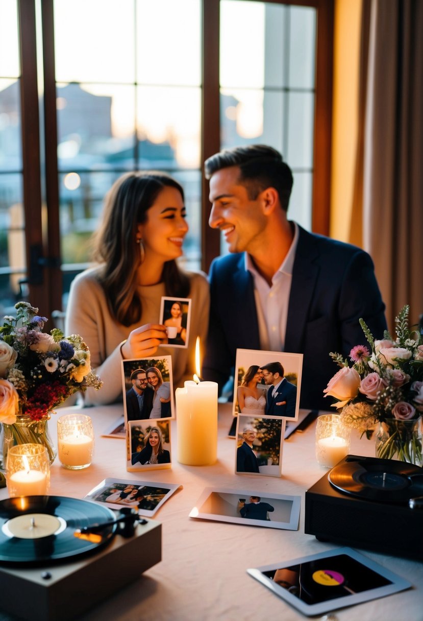 A couple sits at a candlelit table, surrounded by photos from their first date. They smile as they reminisce, surrounded by flowers and a vintage record player