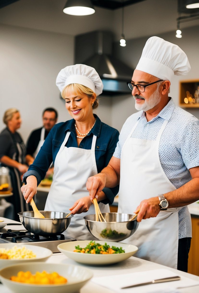 A couple stands side by side at a cooking class, each holding a mixing bowl and following the instructor's demonstration to create a new dish for their 59th wedding anniversary